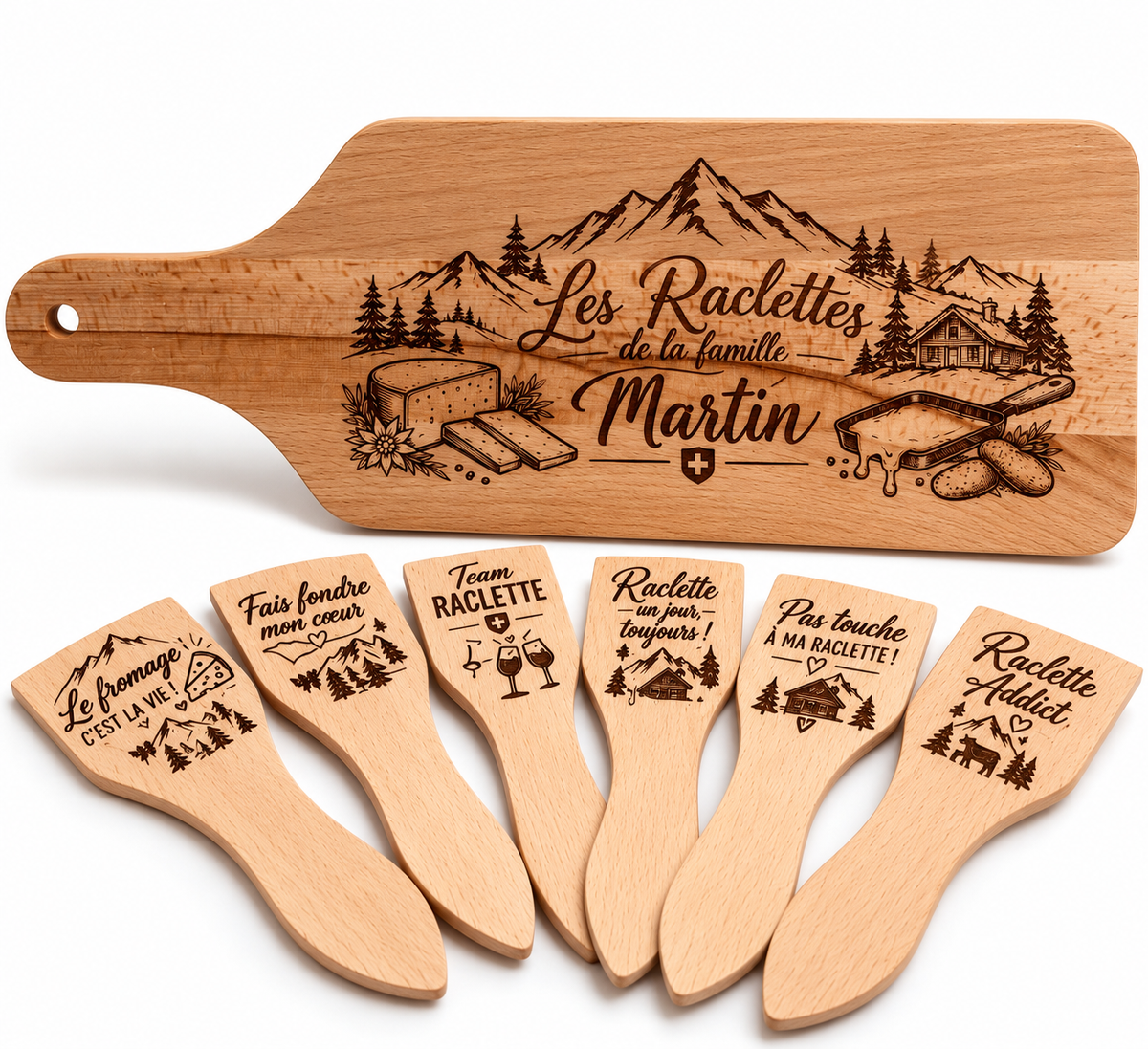 Coffret Raclette Personnalisé – 6 Spatules & Planche Gravée