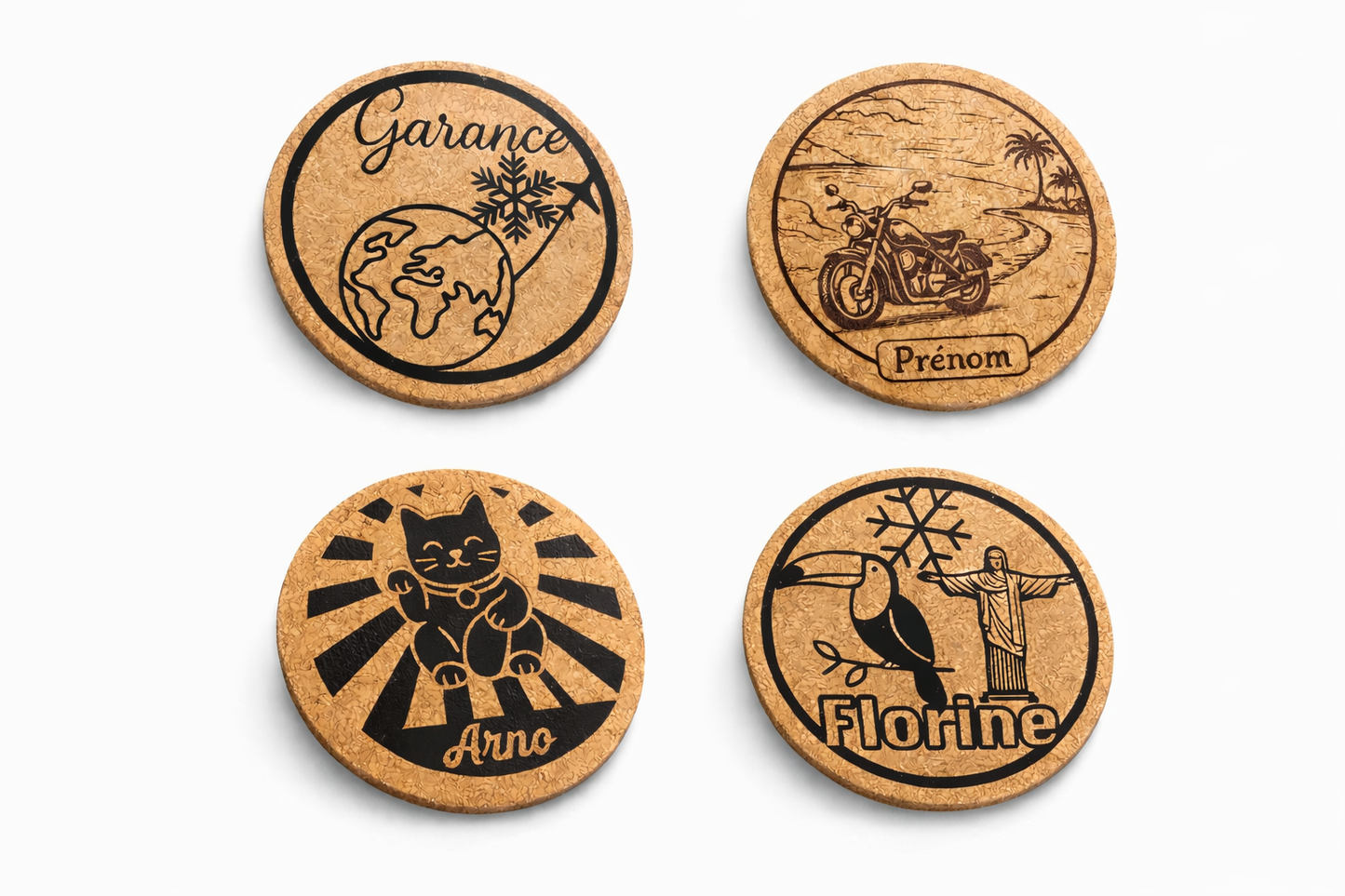 Lot de 4 sous-verres personnalisés en liège – Gravure sur mesure