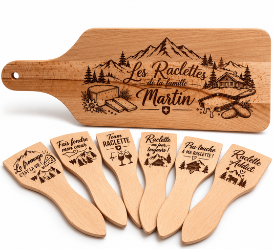 Coffret Raclette Personnalisé – 6 Spatules & Planche Gravée