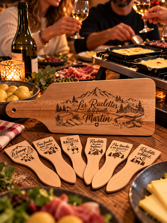 Coffret Raclette Personnalisé – 6 Spatules & Planche Gravée